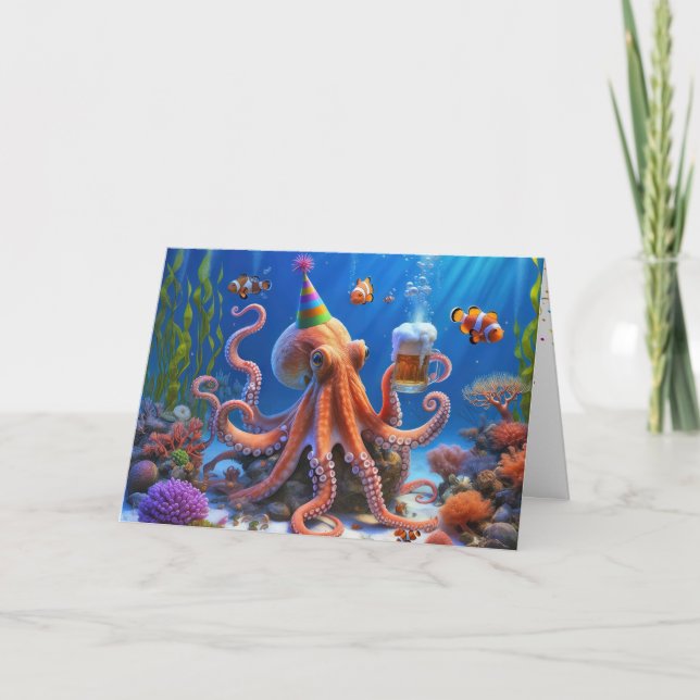 Cartão Octopus de aniversário com cerveja (Frente)