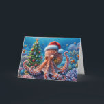 Cartão Octopus de Natal Vestindo um Chapéu Santa<br><div class="desc">Uma cena subaquática balbuciana mostra um polvo vestindo um chapéu de Papai Noel cercado por corais coloridos e uma árvore de Natal decorada. Todo o texto pode ser alterado.</div>