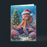 Cartão Octopus de Natal Vestindo um Chapéu Santa<br><div class="desc">Uma cena subaquática balbuciana mostra um polvo vestindo um chapéu de Papai Noel cercado por corais coloridos e uma árvore de Natal decorada. Todo o texto pode ser alterado.</div>