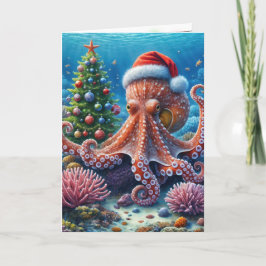 Cartão Octopus de Natal Vestindo um Chapéu Santa
