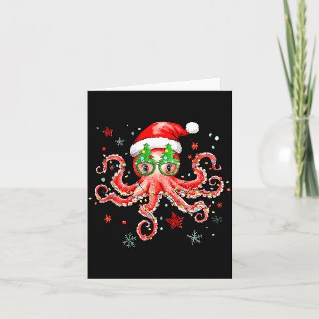 Cartão Octopus Gles Santa Hat Christmas Light Ocean Anima (Frente)