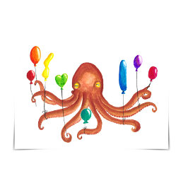 Cartão Octopus Holding Balões Feliz 8.º Aniversário
