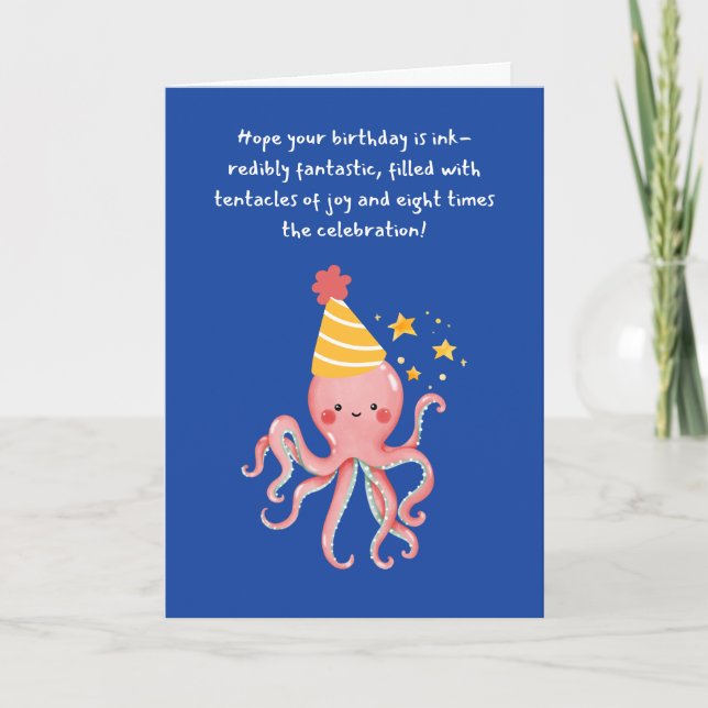 Cartão Octopus Tentacle of Joy Whimsy Blue Birthday (Frente)