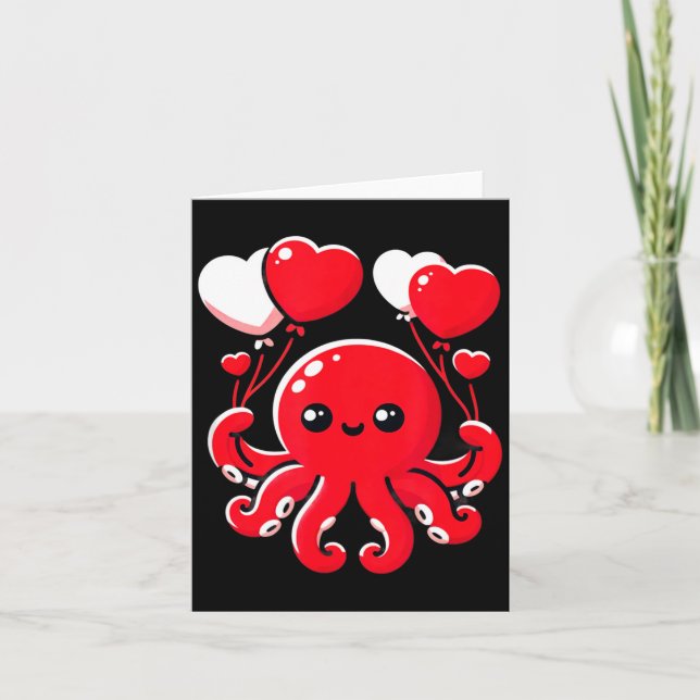 Cartão Octopus With Heart Balloons Adorable Valentines Da (Frente)