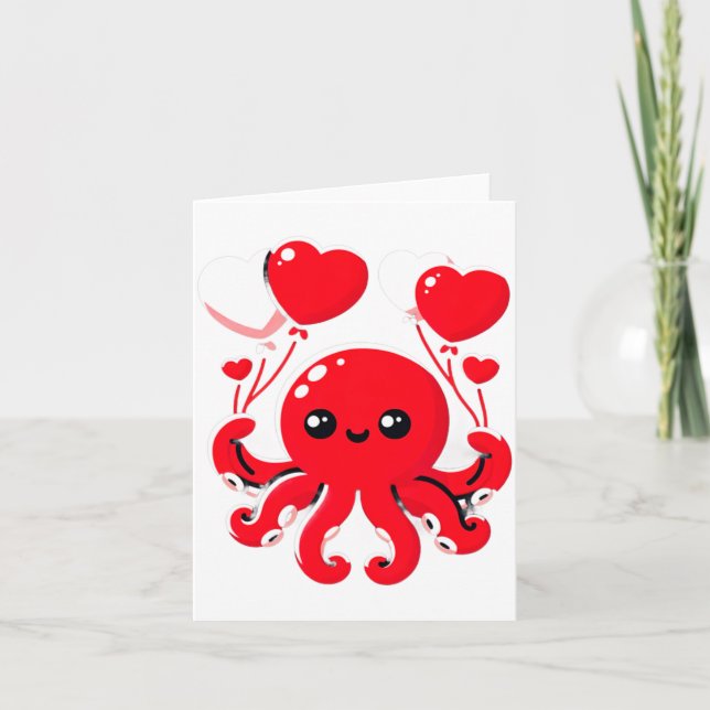 Cartão Octopus With Heart Lloons Adorable Valentines Day  (Frente)
