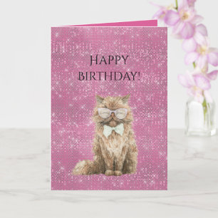 Cartão Óculos de Gato Legal Marrom Brilho Rosa Aniversári
