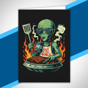 Cartão Óculos de Sol Churrasco OVNI Alien Verde Retrô Div