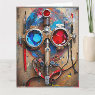 Cartão Óculos Vermelhos e Azuis Steampunk Grafite