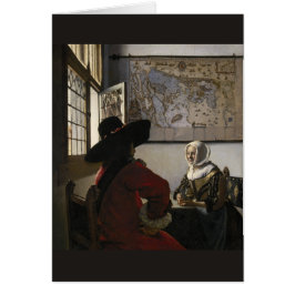 Cartão Oficial e menina de riso por Johannes Vermeer