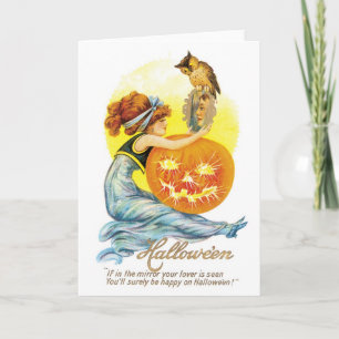 Cartão Old-fashioned Halloween, Girl with Owl