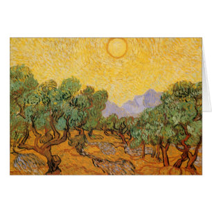 Cartão Oliveiras, céu amarelo e Sun, Vincent van Gogh