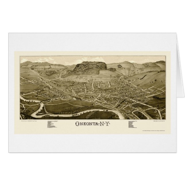 Cartão Oneonta, mapa panorâmico de NY - 1884 (Frente Horizontal)
