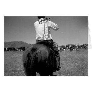 Cartão Opinião traseira um vaqueiro em um cavalo com dua