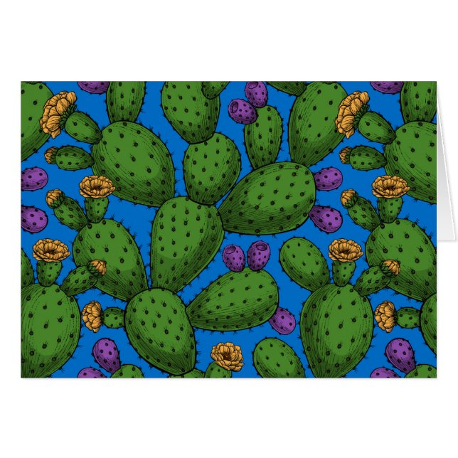 Cartão Opuntia florescente em azul (Frente Horizontal)