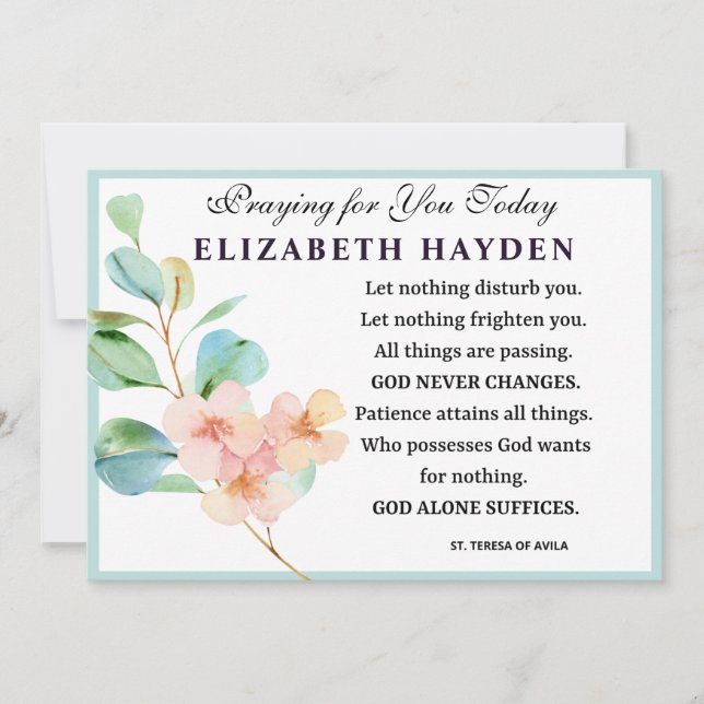 Cartão Oração Católica Floral de Ruas Teresa. (Frente)