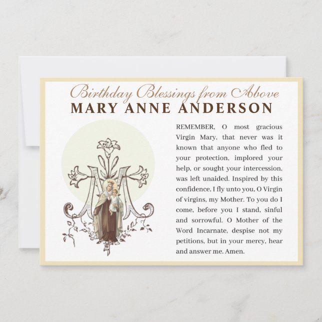 Cartão Oração Memorare da Virgem Maria Mt. Carmel Católic (Frente)