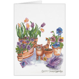 Cartão Orange Cat Tulips Pansies Watercolor "Archibald"
