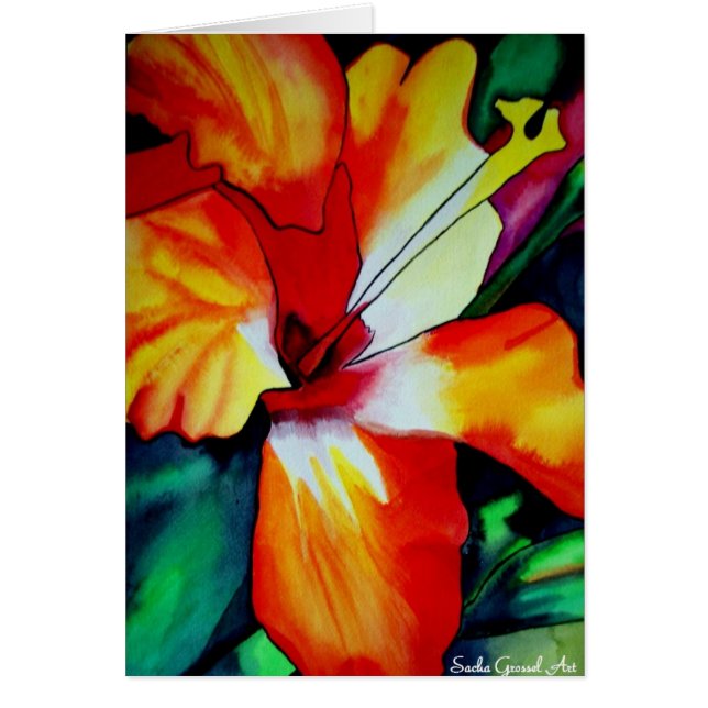 Cartão Orange Hibiscus flor tropical aquarela (Frente)