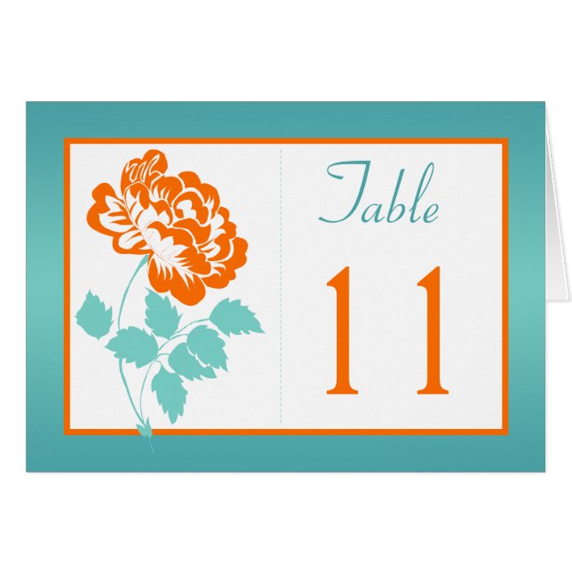Cartão Orange Peony sobre White e Turquoise Table Number (Frente Horizontal)