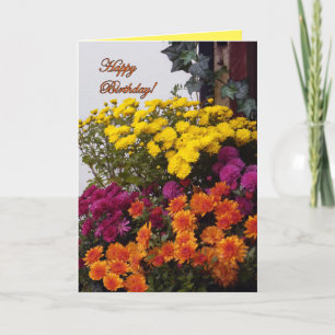Cartão Orange, Yellow and Pink Mums, Happy Birthday!