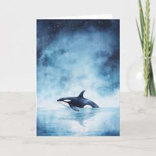Cartão Orca Nadando por um Oceano Estrelado