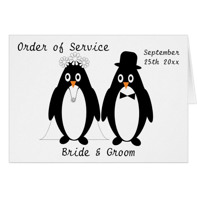 Cartão Ordem De Serviço De Casamento De Design Pinguins (Frente horizontal)