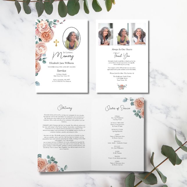 Cartão Ordem de Serviço Funeral Rosa de Pêssego Cristão (Criador carregado)