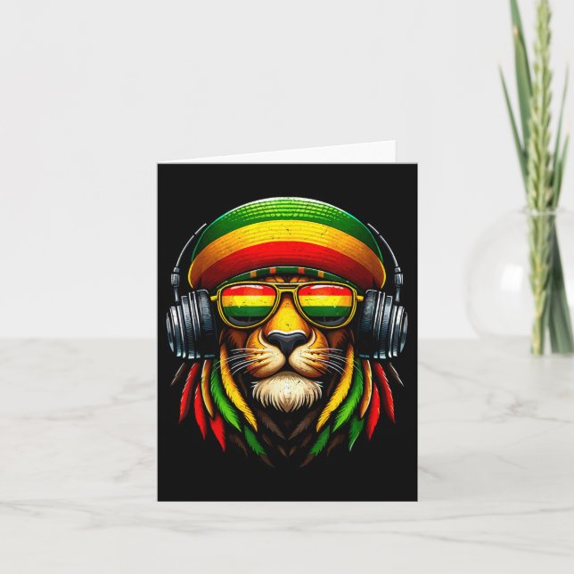 Cartão Orgulho Jamaicano Rasta Reggae Leão Com Fones de M (Frente)