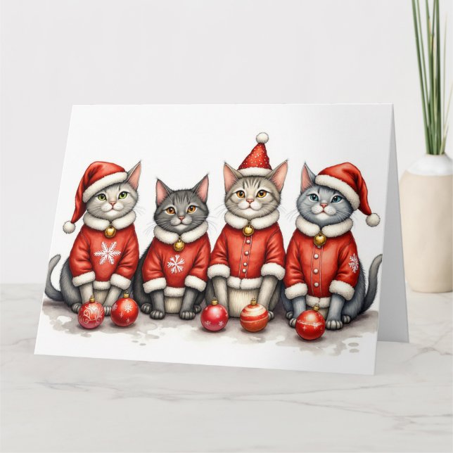 Cartão Oriental Blue Cat Christmas Dress Santa Hat (Frente)