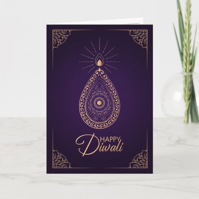 Cartão Ornamento de ouro roxo e Rosa Happy Diwali (Frente)