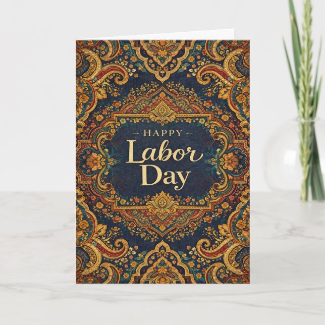 Cartão Ornate Blue Gold Scrollwork Happy Labor Day (Frente)