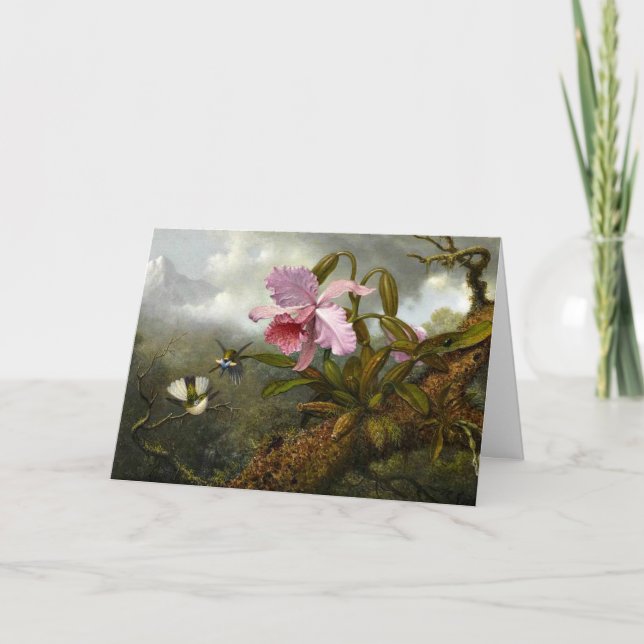 Cartão Orquídea Cattleya, dois beija-flores e um besouro (Frente)