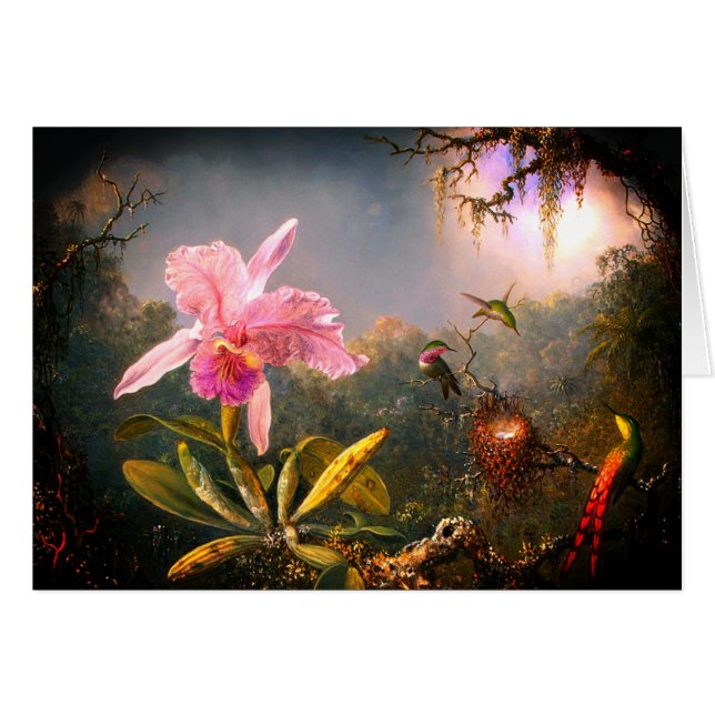 Cartão Orquídea Cattleya e três beija-flores brasileiras (Frente Horizontal)