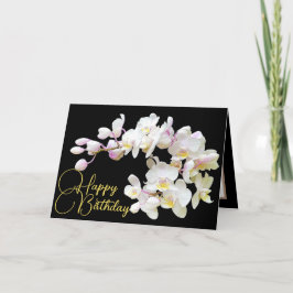 Cartão Orquídeas Brancas bonito Backdrop Negro Feliz Aniv