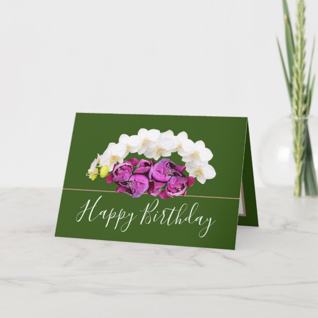 Cartão Orquídeas e Flores de Buquê Chic Floral Aniversári (Frente)