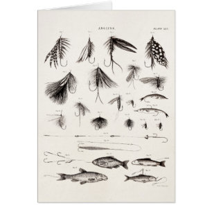 Cartão Os 1800s do vintage que dobram a pesca com mosca