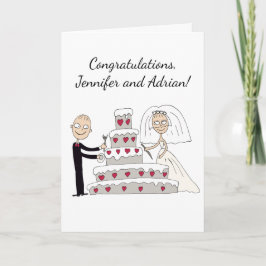 Cartão Os noivos cortam o bolo de casamento. Congratu
