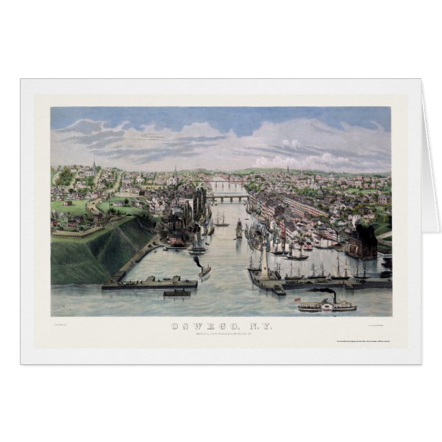 Cartão Oswego, mapa panorâmico de NY - 1855 (Frente Horizontal)