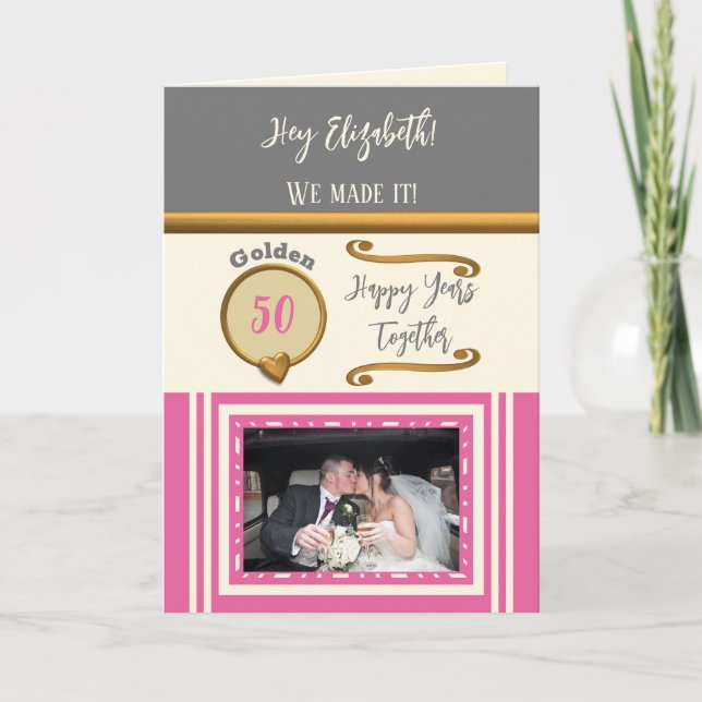 Cartão Ouro 50 anos feliz anos cinza rosa (Frente)