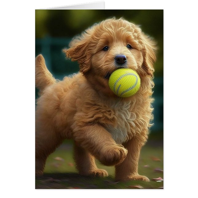 Cartão Ouro Doodle Puppy Plays Ball Todas As Ocasiões Sau (Frente)