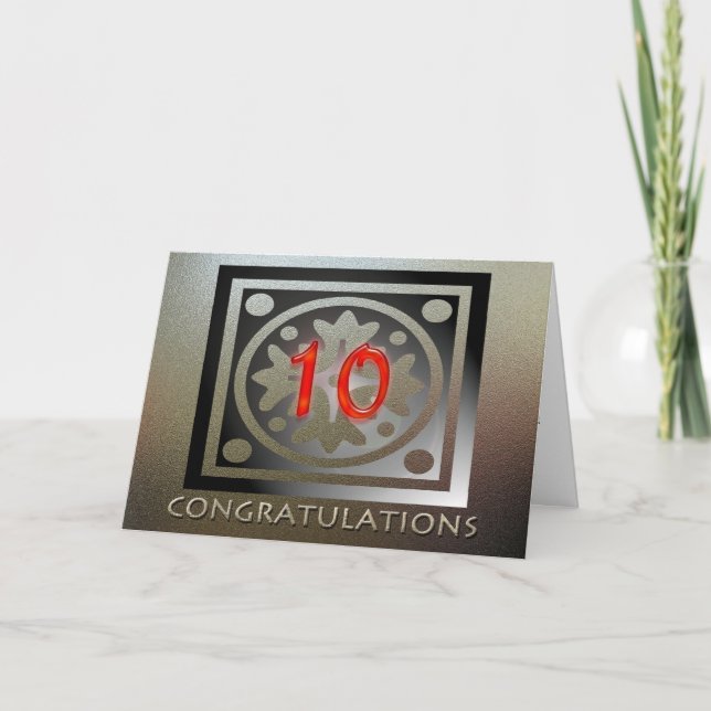 Cartão Ouro Elegante Vermelho do 10º Aniversário do Funci (Frente)