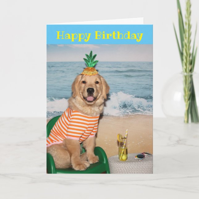 Cartão Ouro Retriever Birthday Beach Cadeira Puppy (Frente)