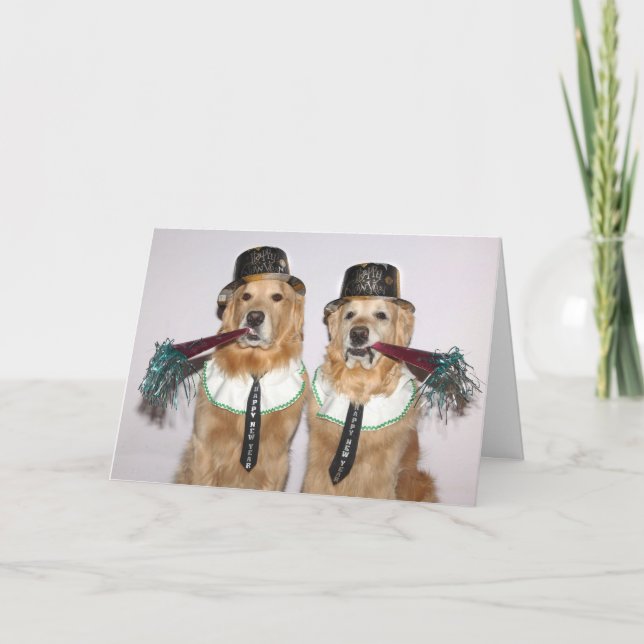 Cartão Ouro Retriever soprando chifres de ano novo (Frente)