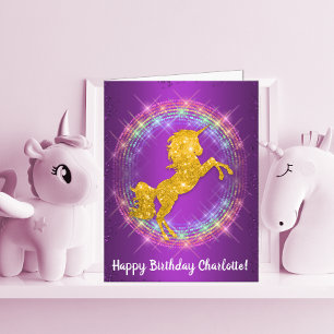 Cartão Ouro Unicorn Rainbow Sparkles no Aniversário Roxo