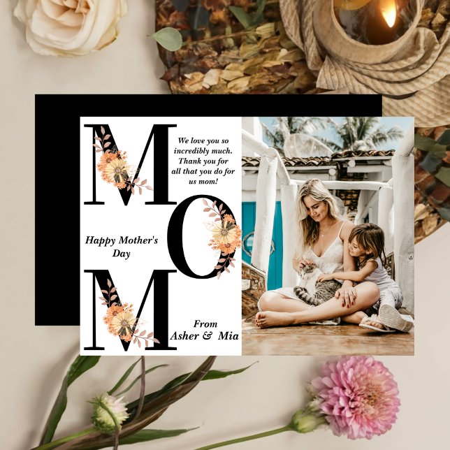 Cartão Ousada MÃE Preta Boho Flores Foto Dia das Mães (Criador carregado)