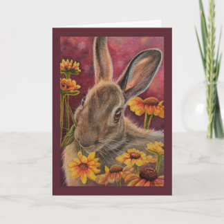 Cartão Outono Coelho Amarelo Flores Amarelas Arte Aquarel