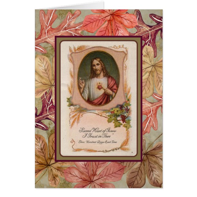 Cartão outono deixa coração sagrado de Jesus (Frente)