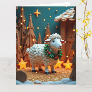 Cartão Ovelha Fofa com Grinalda em Cena de Natal Nevado