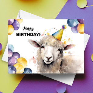 Cartão Ovinos com Balões e Festa Feliz Aniversário