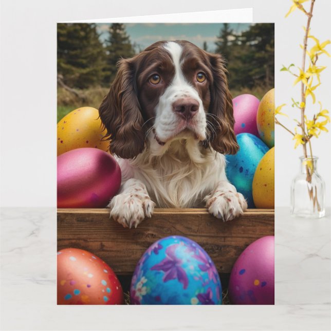 Cartão Ovos de Páscoa do English Springer Spaniel  (Flor Amarela)